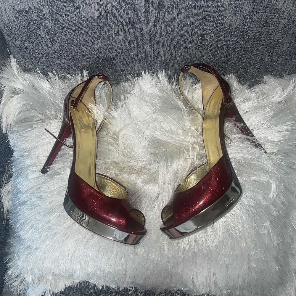 Rare Vintage Gucci Candy Apple Red Peep Toe Heels w/ Gold Platform & Ankle